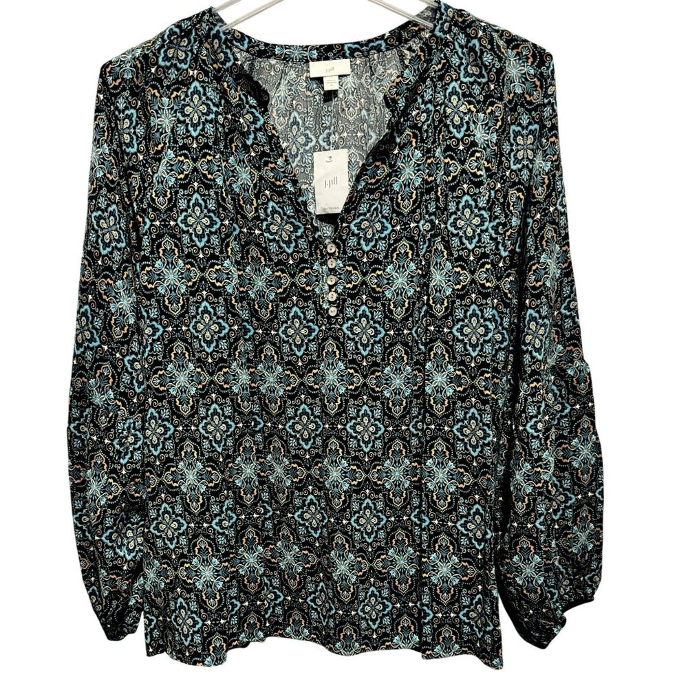 J. Jill Medallion-Printed Shirred Top XLP Pullover Full Raglan Sleeves Boho NEW